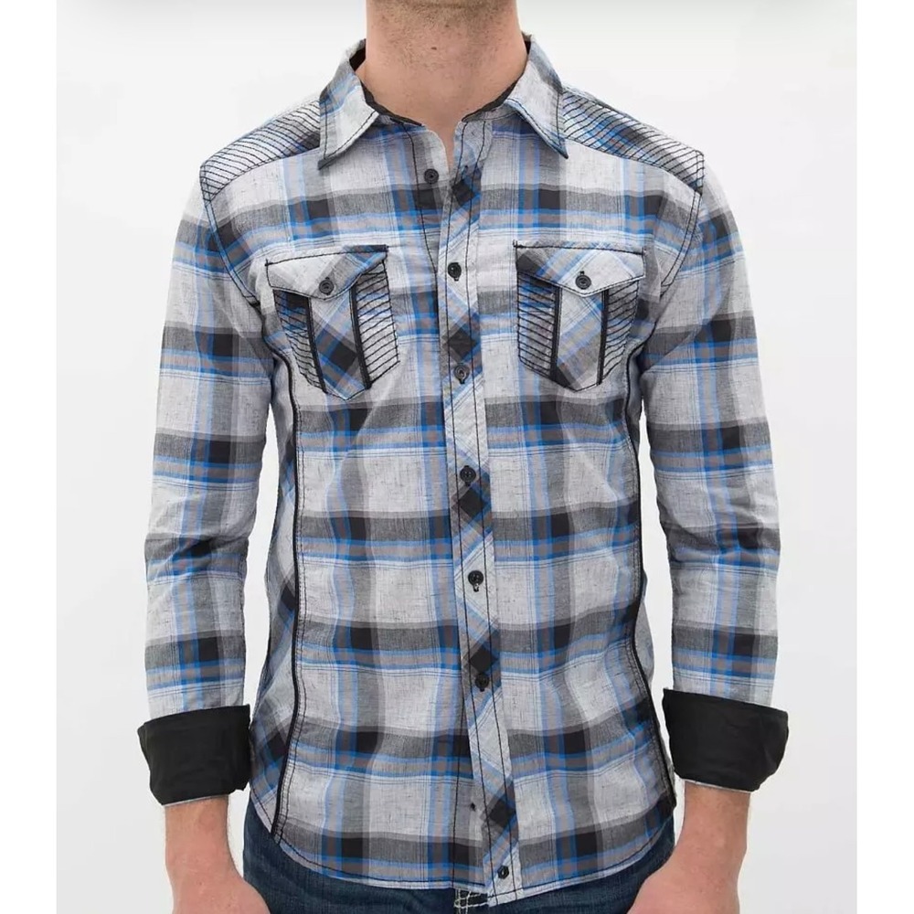 Buckle Black The Show Shirt in Blue & Grey, Men's Size Medium, Tailored Fit